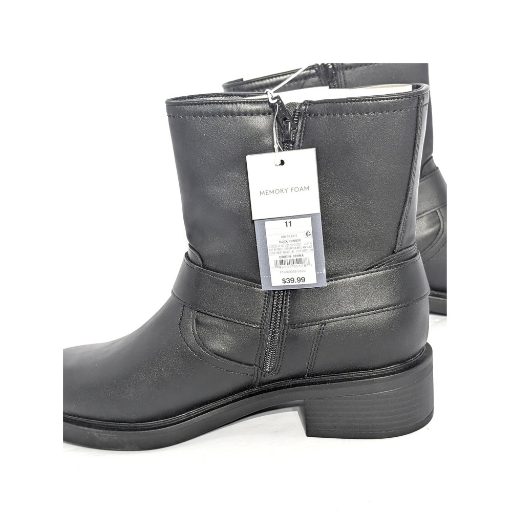 Black Moto Harness Ankle Boot 11 Buckle Strap Biker Western Side Zip Chunky Heel - Picture 3 of 6